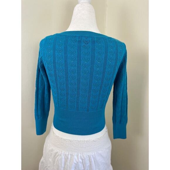 Betsey Johnson Vintage 90s y2k Button Cardigan S Blue Crochet Knit Sweater Crop - Picture 5 of 9